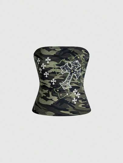 Grunge Punk Canotta corta con ricamo a croce e borchie in stile vintage mimetico Y2K