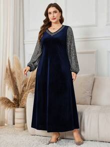 Lacomfia Váy dài nhung sequin cổ chữ V rộng rãi cho nữ cỡ lớn, mùa thu/đông - Màu xanh hải quân - Xem 4