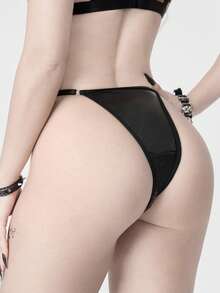 ROMWE Grunge Punk Women's Dark Punk Heart Metal Buckle PU Thong Panties - Black - View 3