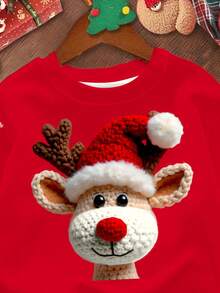 SHEIN ¡Feliz Navidad! Sudadera holgada de punto de manga larga, cómoda para uso diario, con diseño minimalista y casual de renos, copos de nieve y rojo navideño, apropiada para niñas jóvenes en otoño/invierno - Multicolor - Ver 4