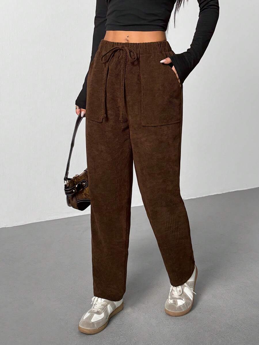 SHEIN PETITE Women's Casual Elastic Waist Corduroy Straight Leg Pants, Autumn Fall Pants Baggy Women Pants - Brown - View 1
