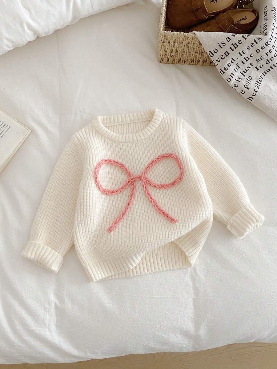 SHEIN Vintaside Kids 时尚百搭可爱蝴蝶结针织套头毛衣,适合年轻女孩 - 杏色 - 查看 1
