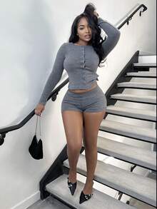 Alexandranx 女士纯色长袖上衣和迷你裙套装 - 灰色 - 查看 5