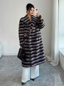 Rafferiza Fashionable Oversized Striped Collar Long Faux Fur Coat, Autumn/Winter Coat Fur Coat Women Winter - Brown - View 4