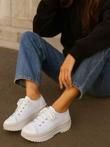 TENIS CASUALES PARA MUJER, PLATAFORMA, COMODOS, MODA, COLEGIO, CALLE - Blanco - Ver 2