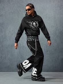 ROMWE MEN Street Life 男式宽松拼布格子口袋阔腿休闲牛仔裤，垃圾摇滚 - 黑色 - 查看 3