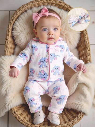 SHEIN 3 件套新生女婴服装套装：长袖衬衫 + 裤子 + 头带，卡通兔耳朵和蝴蝶结印花，休闲舒适，100% 纯棉，适合秋冬日常穿着、度假、生日派对