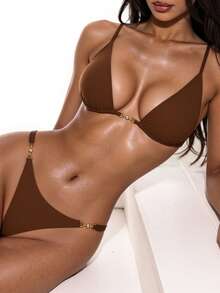 Oceva 夏季海灘假珍珠點綴三角胸罩和泳裝底部比基尼套裝泳衣 - 咖啡棕 - 查看 3