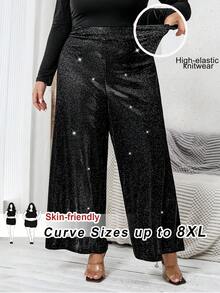 SHEIN CURVE+ Plus Size Women Elegant Shiny Knit Wide Leg Pants Plus Size Christmas/Winter - Black - View 1