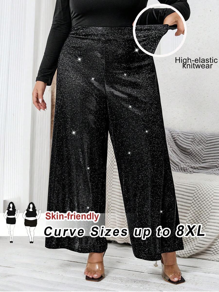 SHEIN CURVE+ Plus Size Women Elegant Shiny Knit Wide Leg Pants Plus Size Christmas/Winter - Black - View 1
