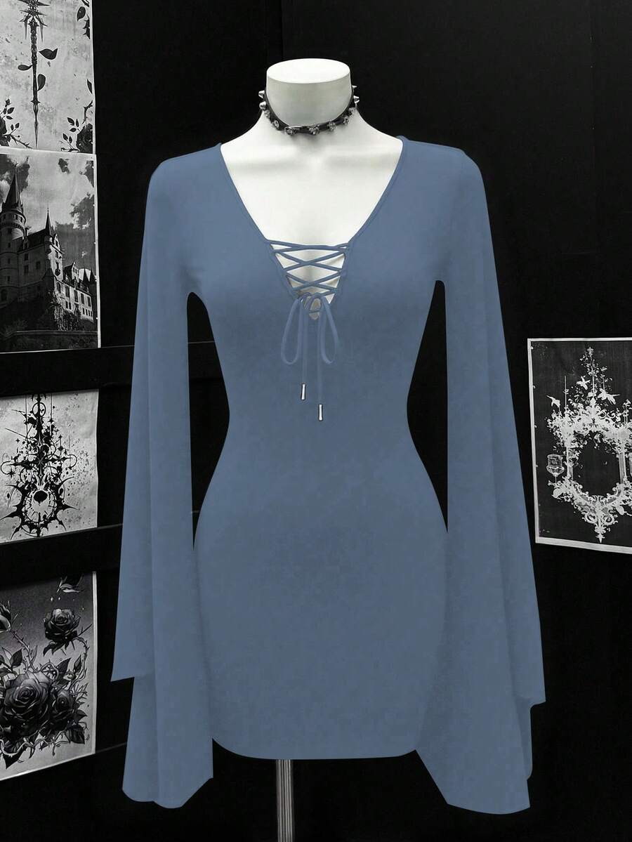 EgrlEra Vestido de moda con mangas acampanadas, diseño de lazo y cuello en V de unicolor para mujer - Azul - Ver 1