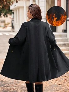 Flirla 女士高级灰色中长款大衣，优雅双排扣翻领大衣，秋季服装，大码女装，大码外套，女士大码冬季服装，Romwe 女士大码外套 - 深灰色 - 查看 2