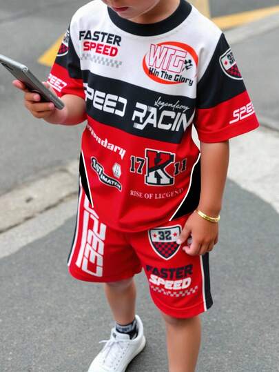 SHEIN 2pcs Tween Boy Casual Classic Sporty Racing Theme Print Short Sleeve Round Neck T-Shirt & Shorts Set, Suitable For Summer, Racing Match, Racing Sport, Play Kids Racing Outfit Racing Outfit Kids Kids Red And Black Racing Outfit Boys Racing Suit Kids Jersey Outfit Boys Racing Jersey Kids Racing Jersey
