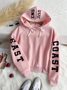 Comfortcana Plus Size Letter Print Hooded Casual Long Sleeve Pullover Sweatshirt/Winter - Pink - View 4