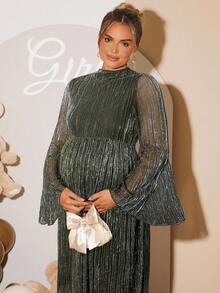 Loomaby 孕妇立领喇叭袖优雅连衣裙 - 橄欖綠 - 查看 3