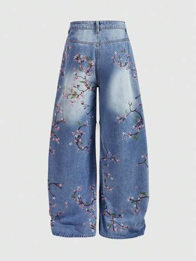 Street Life Men's Loose Fit Casual Jeans With Pockets & Frayed Hem, Cherry Blossom Print