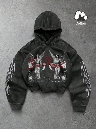 Manfinity EMRG Men's Angel Statue & Los Angeles Saints Slogan Graphic Hoodie, American Street Style, Fall Sweatshirts Christmas Gifts Men Hoodies Cozy Fall & Winter Styles Christmas Men Shirt Christmas Outfits