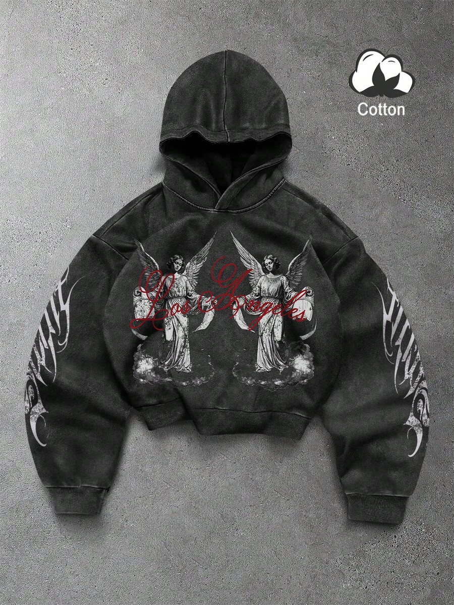 Manfinity EMRG 男士天使雕像和洛杉矶圣徒队标语图案连帽衫，美式街头风格，秋季卫衣圣诞礼物男士连帽衫舒适秋冬款式圣诞连帽衫，Y2K - 黑色 - 查看 1