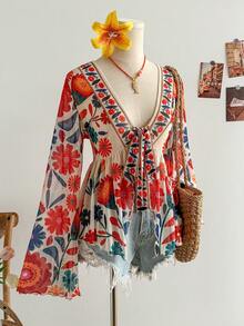 Soleia Women's Vacation Knit Mesh Vintage Floral V-Neck Long Flare Sleeve Front Tie Blouse For Party, Christmas, Date, Nightclub, Bohemian, Boho, Vacation, Fall