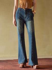 MOTF STUDIO STUDDED DETAIL WASHED FLARE LEG JEANS , FALL WINTER - Blue - View 5