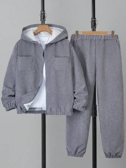 Teenage Boys Corduroy Fleece Hoodie Outfit, Suitable For Commuting, School, And Outings In Autumn/Winter