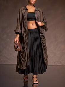 Veslaya Plus Size Women's Solid Color 3/4 Sleeve Single-Breasted Pleated Long Loose Jacket/Winter - Brown - View 6