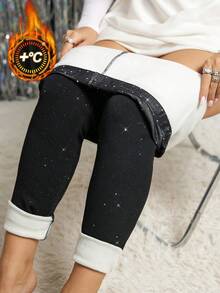 SHEIN Clasi Curve 大码女式热销水钻高弹针织撞色弹力腰休闲保暖紧身袜打底裤，舒适保暖，2025 新款，秋季女装，冬季女装，复古风，外出，秋季，冬季女装，秋季大码女装，办公室女装，秋季女装，优雅女装，女士秋季装，新年圣诞节服装，新年圣诞节打底裤 - 黑色 - 查看 8