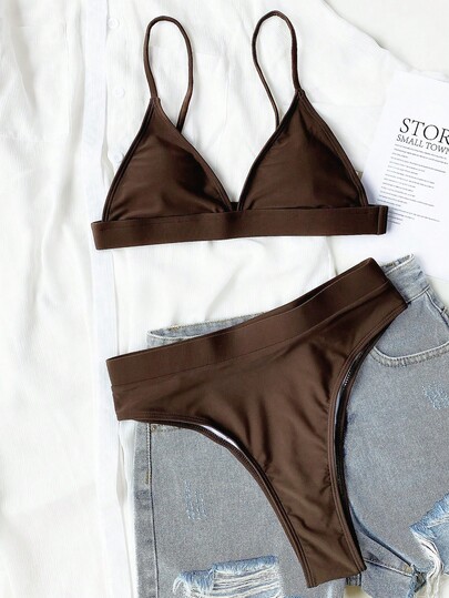 Summer Beach Solid Bikini Set Triangle Bra & High Waisted Bottom 2 Piece Bathing Suit