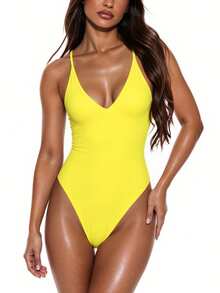 Oceva Traje de baño de una pieza con tirantes finos de unicolor - Amarillo - Ver 4