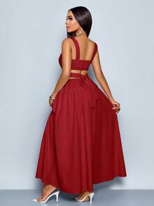 SOLERSUN 女士优雅方领腰部镂空系带后褶露背 A 字裙，适合夏威夷、女士夏季连衣裙、茶会礼服、白色毕业长裙 - 紅色 - 查看 2