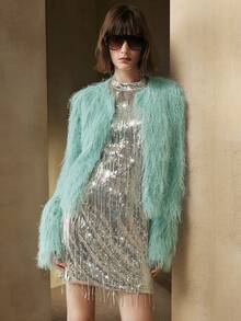 Arave 女士优雅常规肩部H型圆领流苏设计外套，适合约会 - 綠色 - 查看 6