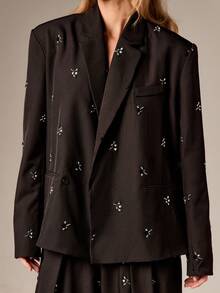 AiiRZ Women Oversized Embellished Floral Blazer With Beading Detail For Office Professional Fall Winter Formal Occasions - Black - View 5