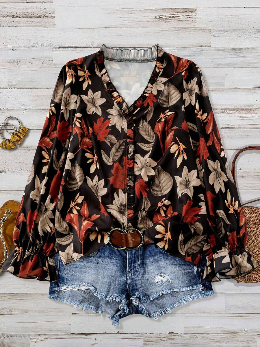 Linhara Plus Size Women Ruffle Trim Long Sleeve Printed Blouse - Multicolor - View 1