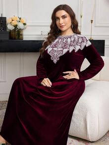 Al Najma Elegant Velvet Beaded Floral Long Sleeve Loose Regular Plus Size Women Arabic Dress, Spring/Autumn - Burgundy - View 3