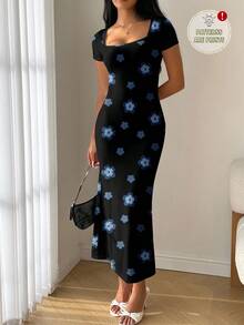 Modelyn Vestido ceñido con cuello cuadrado, volantes y cola de sirena para el verano