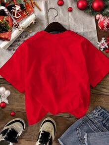 SHEIN Leap Crew Christmas Cute Cartoon Reindeer, Christmas Red Festive, Tween Girls' Casual Minimalist Short Sleeve Crew Neck T-Shirt, Suitable For Summer - Multicolor - View 3