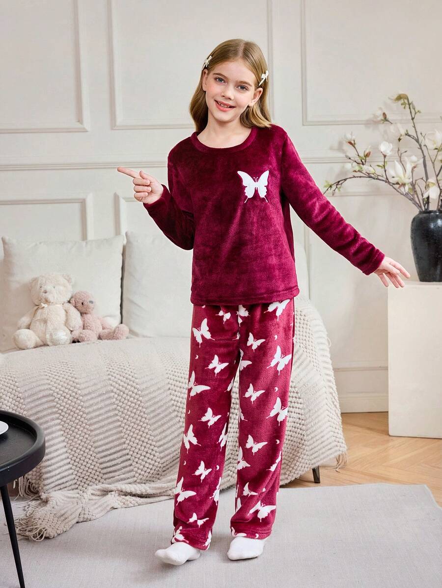 Snug Zone 法兰绒蝴蝶图案女童舒适睡衣套装 - 紅色 - 查看 1