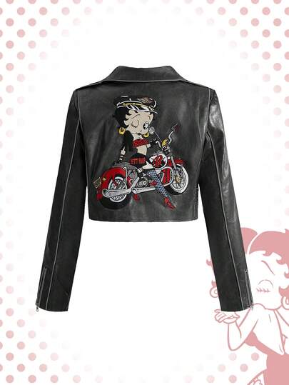 Betty Boop | ROMWE Women Y2K Moto Biker Betty Embroidered Contrast Trim PU Leather Jacket