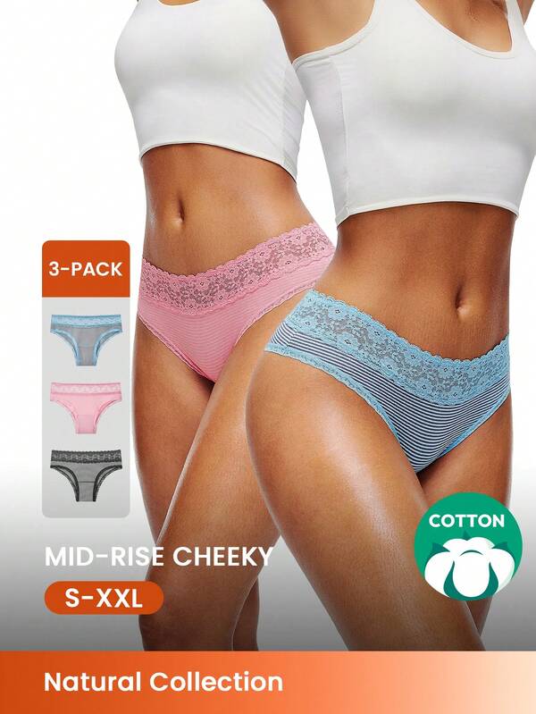 LUVLETTE Paquete de 3 bragas de algodón de cintura media con encaje y estampado de rayas, ropa interior femenina y alegre