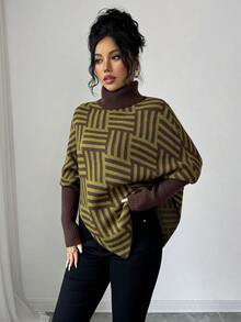 Elenzga Áo len Poncho cổ cao họa tiết hình học thanh lịch dành cho nữ, phối màu, thích hợp mặc ở nhà và đi du lịch, mùa xuân/thu - màu xanh lá - Xem 7