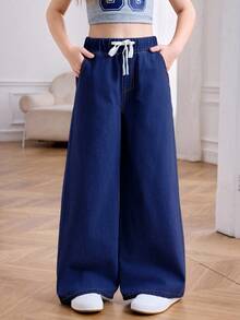 SHEIN Quần jean ống rộng cạp chun rút nhẹ mùa hè cho bé gái tuổi mới lớn mặc hàng ngày, quần ống rộng cạp chun co giãn thoải mái mùa hè, quần đi biển mùa hè phong cách boho, lễ hội hòa nhạc Rave - Rửa tối - Xem 3