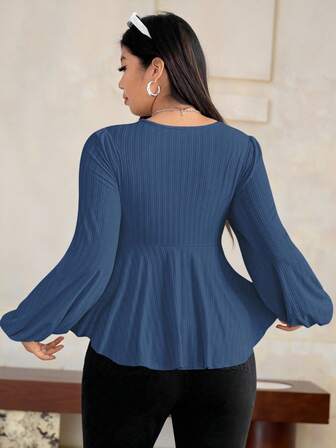 Roveilla Maglietta casual da donna con scollo a V, maniche a palloncino lunghe, vita arricciata, orlo in maglia strutturata, colore albicocca, taglie comode