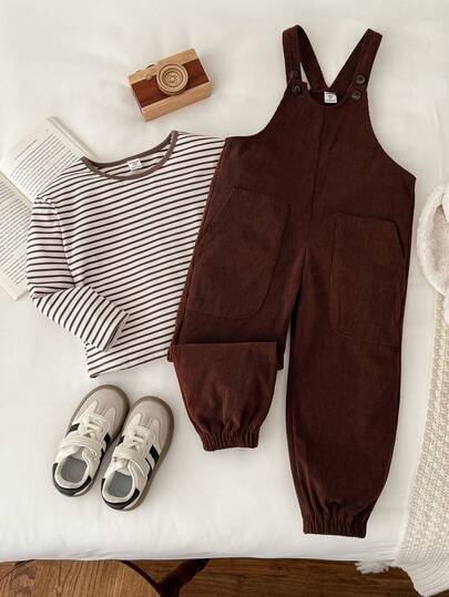 Blossori Conjunto de camiseta de manga larga con cuello redondo a rayas y pantalón de peto elegante francés para niños pequeños