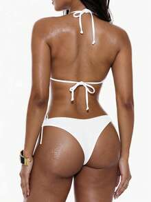 Swim Basics 2026 Spring/Summer White Special Fabric Women's Swimsuit, Spaghetti Strap Halter Solid Color Sexy Side Tie Bikini Bottom Two-Piece Swimwear