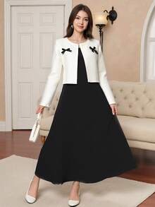 Sparklyn 1 套无袖连衣裙和短夹克，黑色和白色，优雅经典，适合派对，休闲装，针织面料，舒适