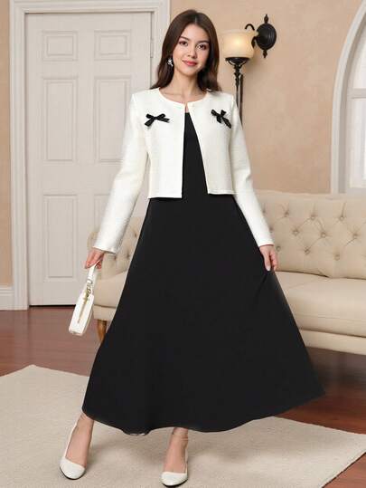 Sparklyn 1 Set Sleeveless Dress & Short Jacket, Black & White, Elegant Classic, Suitable For Party, Casual Wear, Knit Fabric, Comfortable