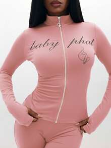 BABYPHAT Long Sleeve Zip Up Top With Script Print And Logo For Women - Baby Pink - View 5