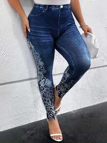 SHEIN Clasi 大碼女士花卉印花打底褲 - 藏蓝色 - 查看 3