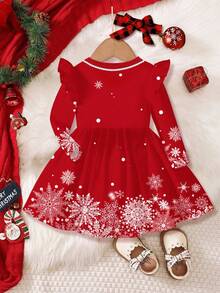 SHEIN Happikins Christmas Snowflake Pattern Young Girl Casual Elegant Gorgeous Sweet Fashion Flutter Sleeve Long Sleeve Christmas Dress, Suitable For Autumn/Winter Daily Wear, Christmas Party, Photography, Home - Multicolor - View 4