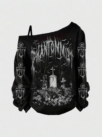 sweat-shirt noir gothique grande taille, épaule oblique sexy avec croix de tombe, démon, chauve-souris et corbeau. Automne/Hiver